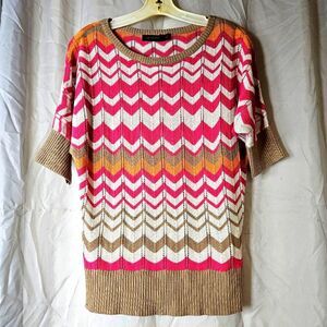 The Limited Taupe Pink Chevron Knit Short Sleeve Sporty Classic Pullover Sweater